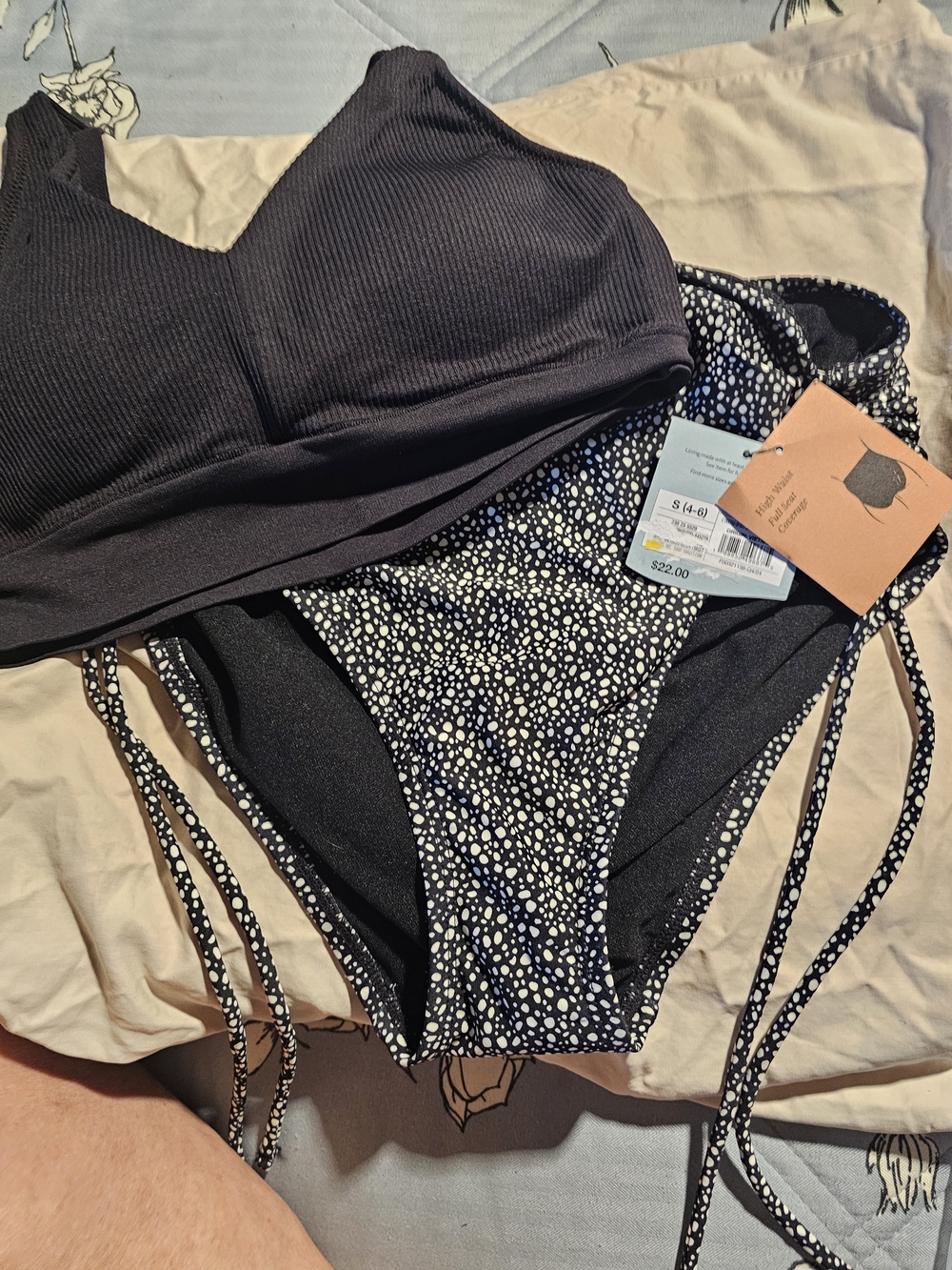 Ribbed Black Bralette with Black & White Dot Tie-Side Bikini Bottom